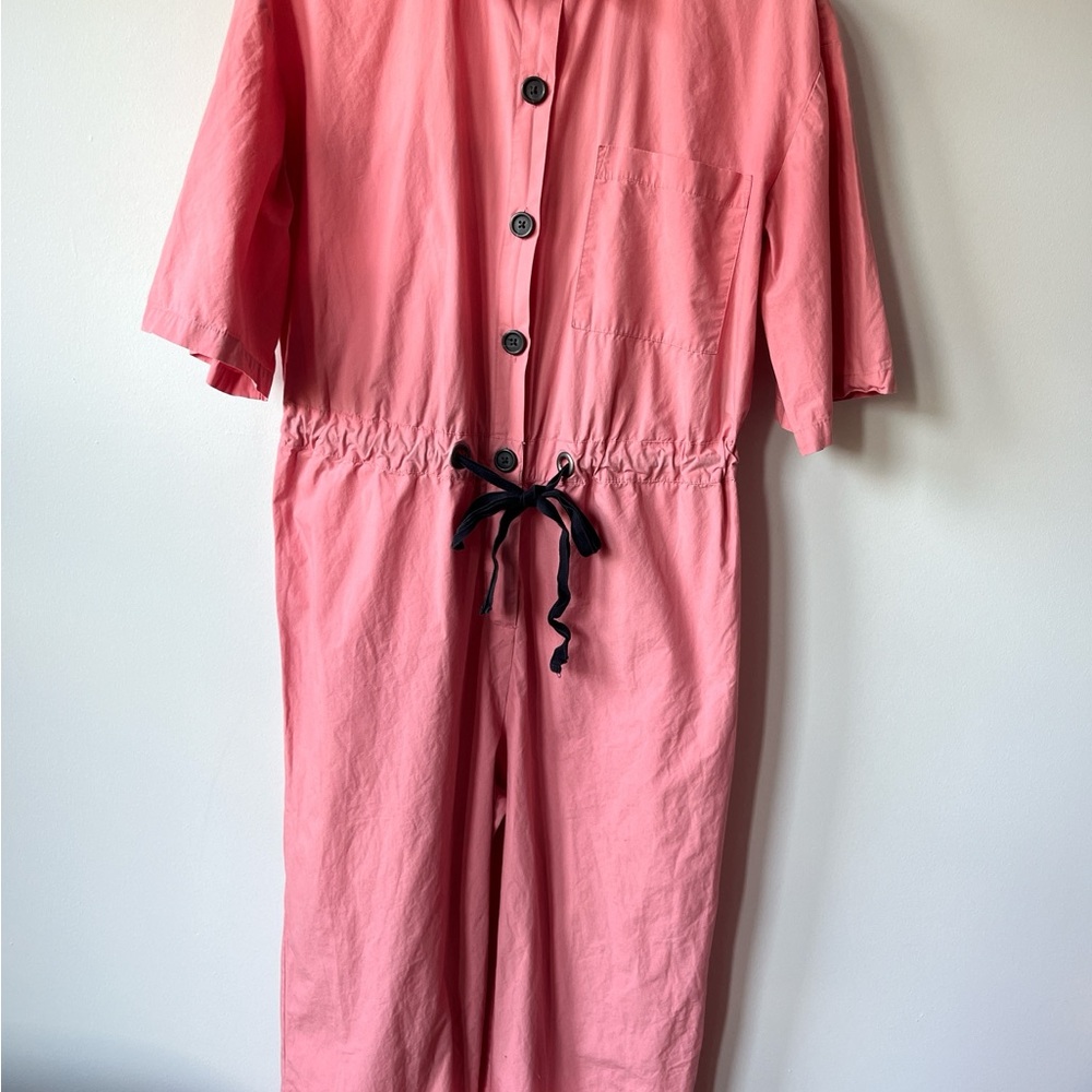 Pink Button-Up Jumpsuit with Black Drawstring